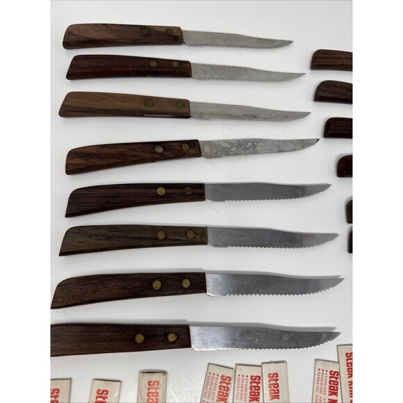 Vintage Quikut 15pc Wood Brown Handle Serrated Blade Steak Knife Set LOT OF 15 - Picture 3 of 8